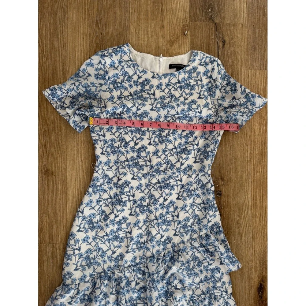 Banana Republic Floral Mini Dress Womens 0 Blue White Flutter Sleeve Ruffle Hem - Picture 3 of 9